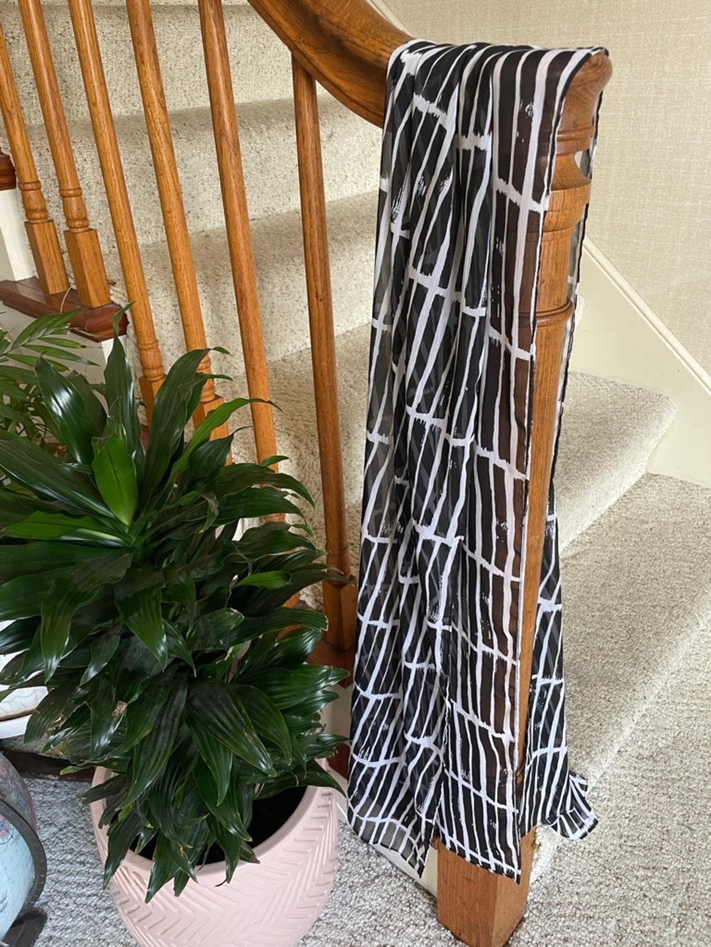 Long Sheer Black and White Grid Pattern Scarf Wrap